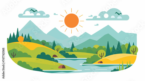 Flat design nature landscape illustration with sun 