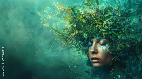 A beautiful painting of a woman with her head filled with greenery and a deep ocean-themed background.