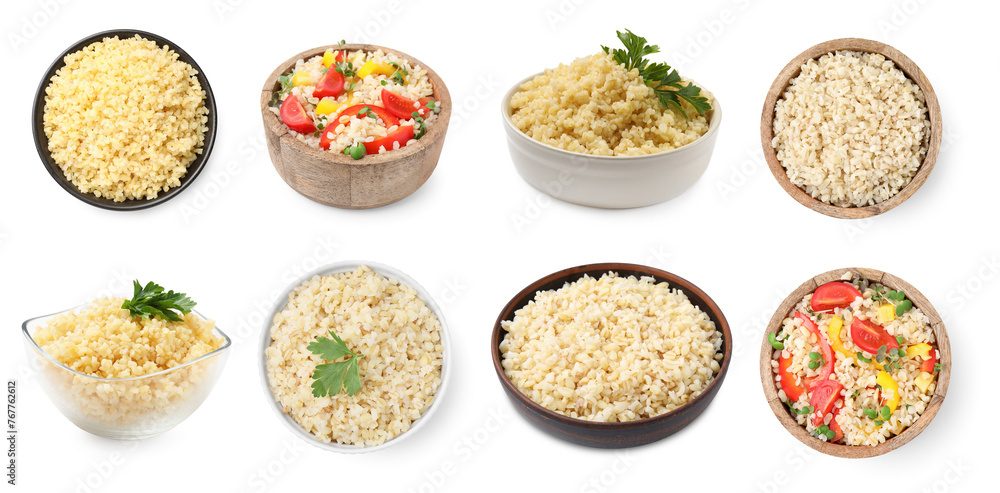 Delicious bulgur in bowls isolated on white, set Delicious bulgur in bowls isolated on white, set