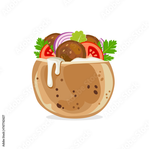 Pita bread with falafel on a white background. Traditional middle east food. Jewish, arabic cuisine. Vector illustration