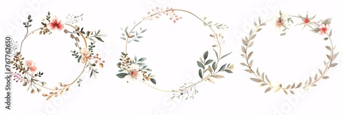 Vintage Charm  Elegant Frames with Floral Wreaths and Circle Monograms, Enriched by Hand Drawn Wild Herbs and Flowers for a Timeless Wedding Decor