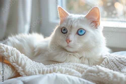 A small to mediumsized white cat with blue eyes is comfortably laying on a bed