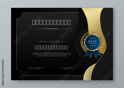 Black white and gold vector flat and gradient modern certificate template for corporate or awards. For appreciation, achievement, awards diploma, corporate, and education