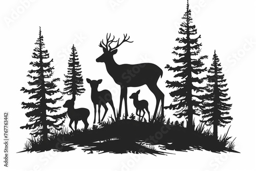 Black silhouette of deer family with baby and forest fir trees wildlife adventure hunting camping landscape panorama illustration icon vector for logo  isolated on white background