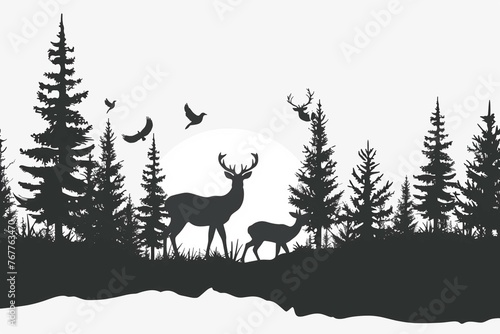 Black silhouette of deer family with baby and forest fir trees wildlife adventure hunting camping landscape panorama illustration icon vector for logo  isolated on white background