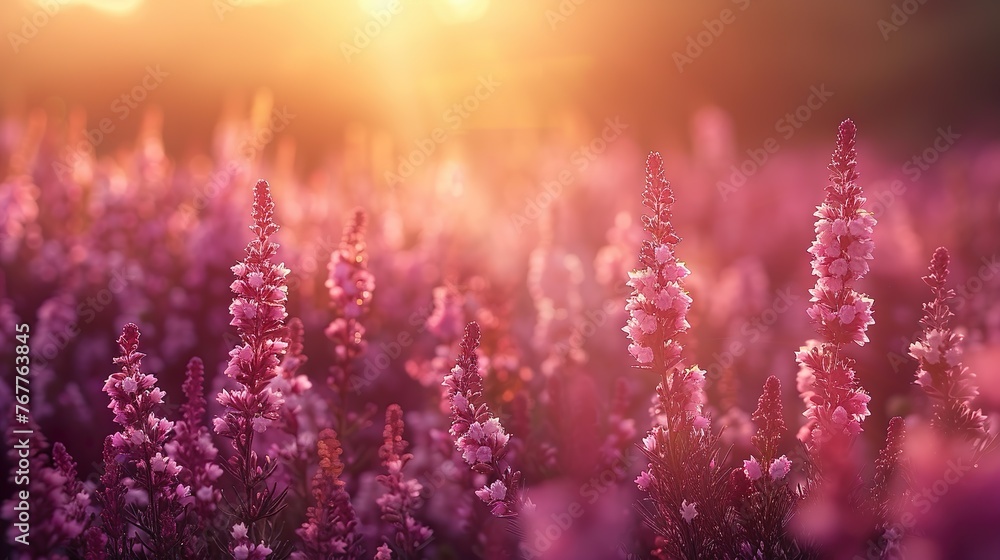 Purple heather flowers blooming outdoors on a sunny spring day