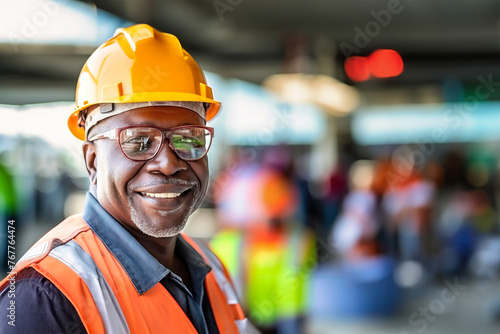 An elderly dark-skinned man wearing a hard hat and safety glasses on a construction site