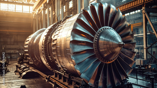 Large Jet Engine Positioned in Factory Workshop