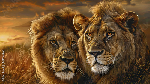 Two Lions Standing Together. lion and lioness in a moment full of tenderness