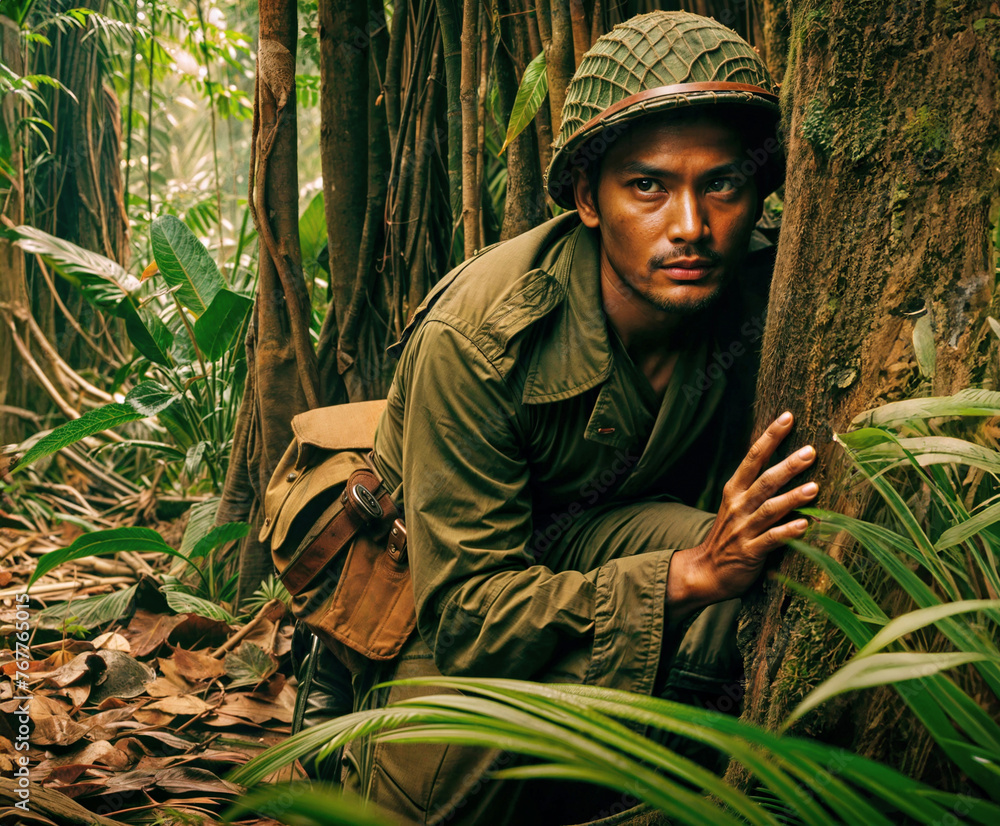 Vietnamese soldier hidden in the jungle during the Vietnam war.
