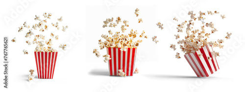 Set of popcorn flying out of red white striped paper box on transparency background PNG
