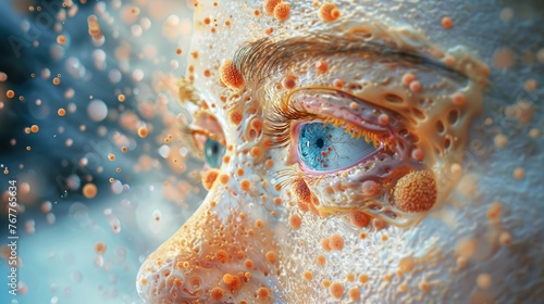 Abstract underwater close-up in blue and red hues, combining fish scales and a reptilian eye