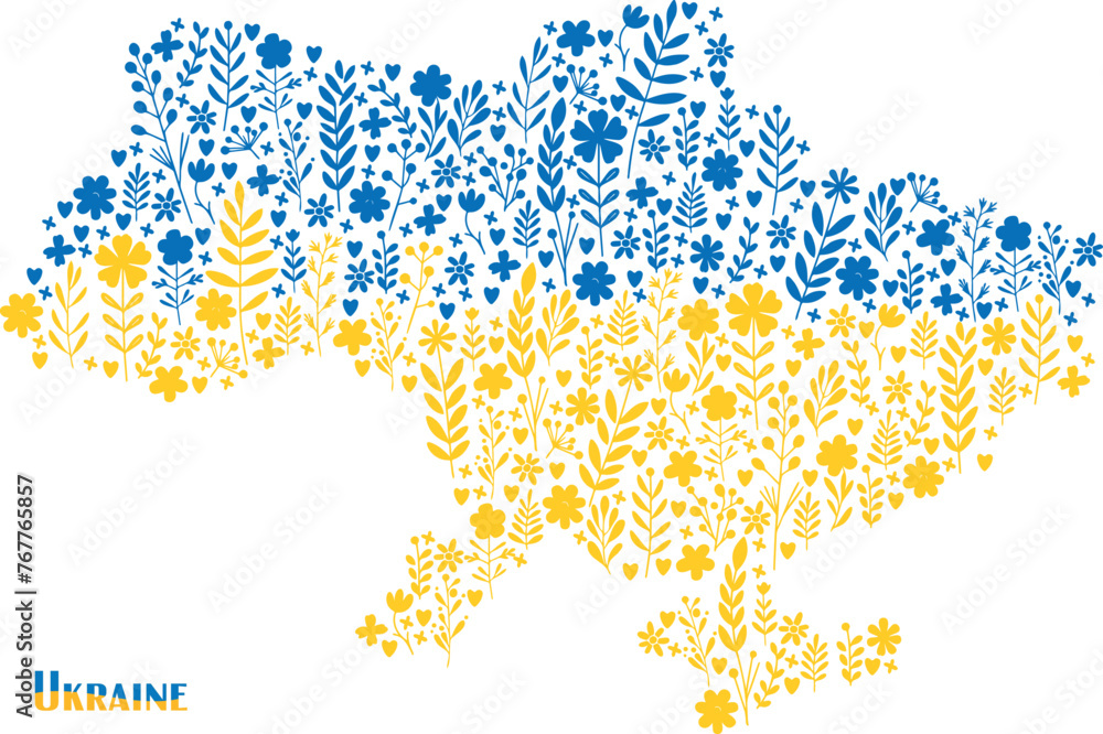 map of Ukraine in yellow-blue colors from flowers and twigs vector drawing