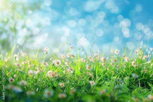 Beautiful blurred background green grass under blue skies, Generative AI