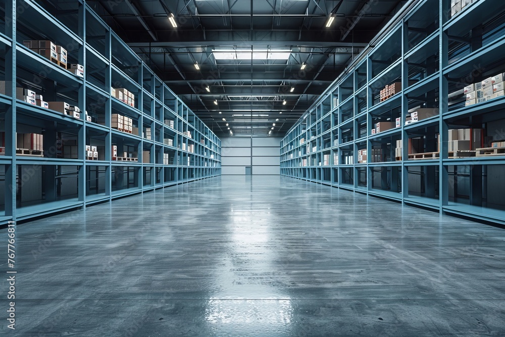 empty shelves in distribution warehouse, empty warehouse interior, Generative AI
