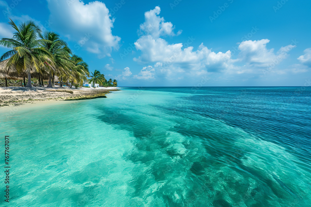 Fototapeta premium Picturesque travel destination with crystal-clear turquoise waters, golden sandy beaches, and palm trees swaying in the breeze.