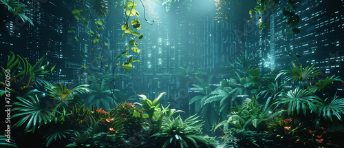 A digital render of a cybernetic jungle with a high detail of wires and circuits weaving through foliage and flora