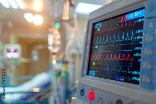 EKG monitor in intra aortic balloon pump machine in icu on blur background, Brain waves in electroencephalogram, heart rate wave © Esha