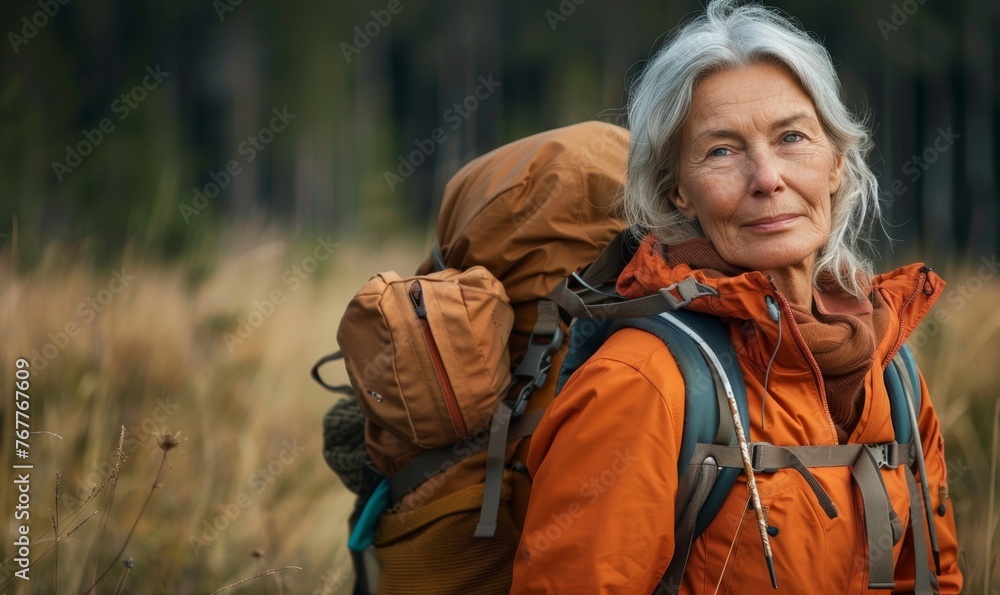 an attractive senior woman hiking with a backpack, Generative AI