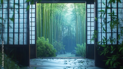 An ancient Japanese tea house nestled amidst a tranquil bamboo grove, its sliding paper doors inviting you to step into a world of serene simplicity.
