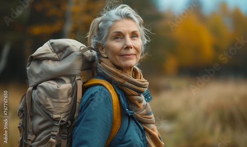 an attractive senior woman hiking with a backpack, Generative AI