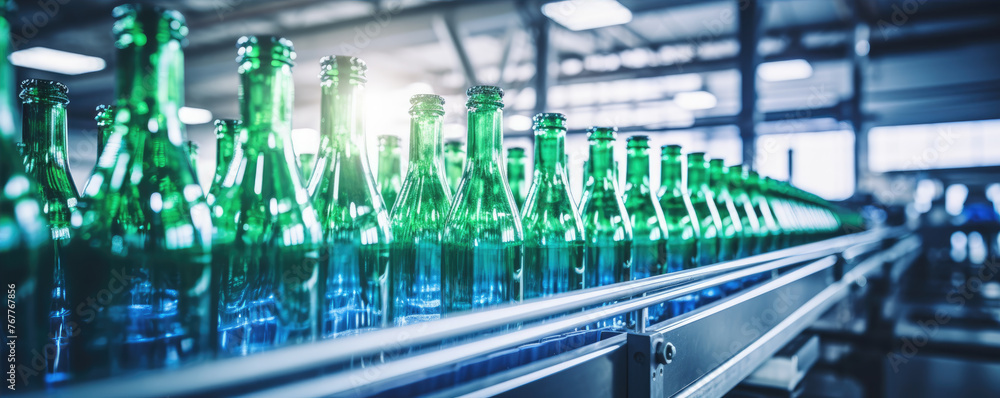Bottling beverages in factory conveyor. Bottles production in row.
