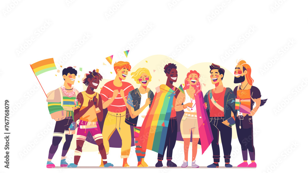 illustration group of diverse friends enjoying a Pride event, wearing colorful clothes and waving rainbow flags, captured in an intimate moment of happiness and unity.