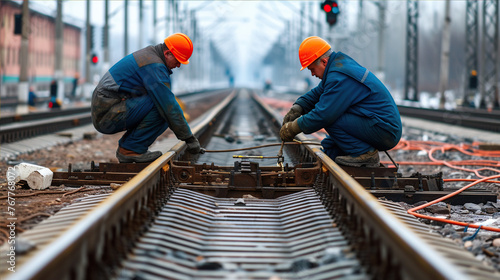 men in uniform check the serviceability of the arrow rail of the railway