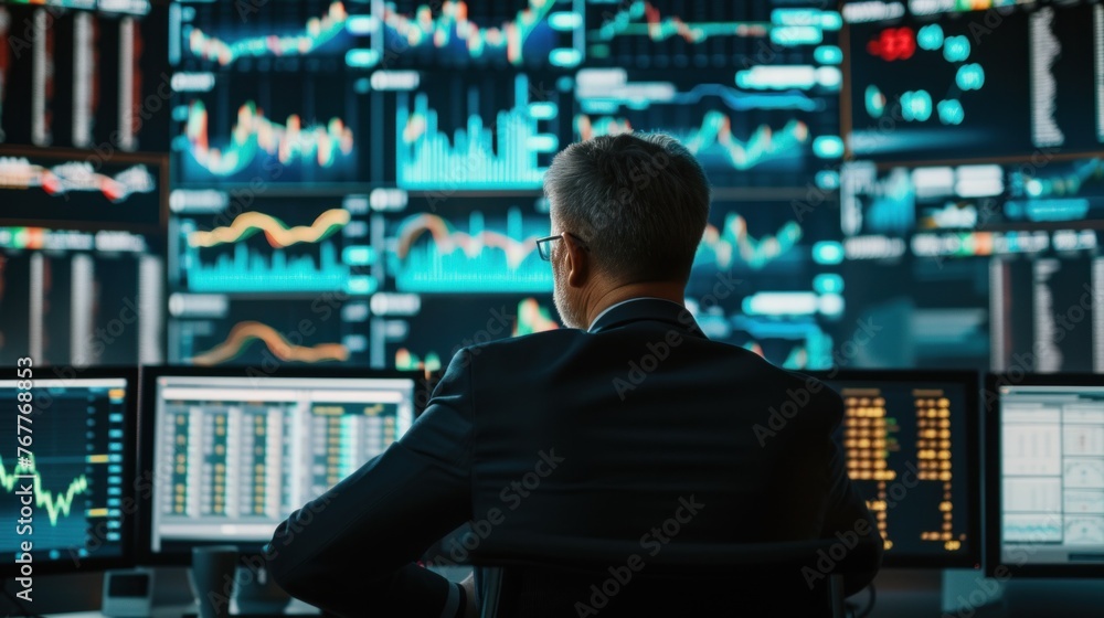 Professional Analyst Monitoring Financial Data on Multiple Computer Screens at Night Professional Analyst Monitoring Financial Data on Multiple Computer Screens at Night