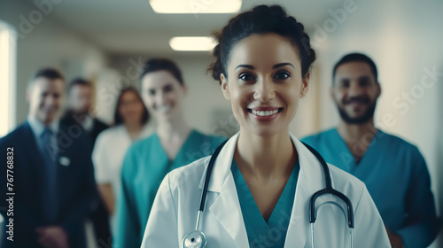 Beautiful woman doctor smiling confident in front of her team. In medical uniform with stethoscope.