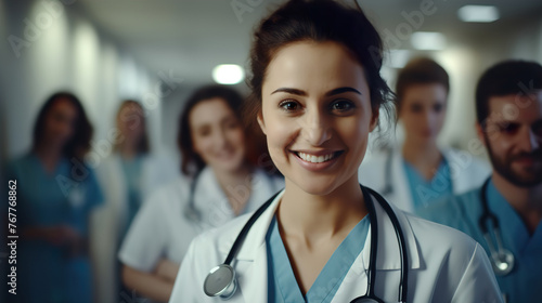 Beautiful woman doctor smiling confident in front of her team. In medical uniform with stethoscope.