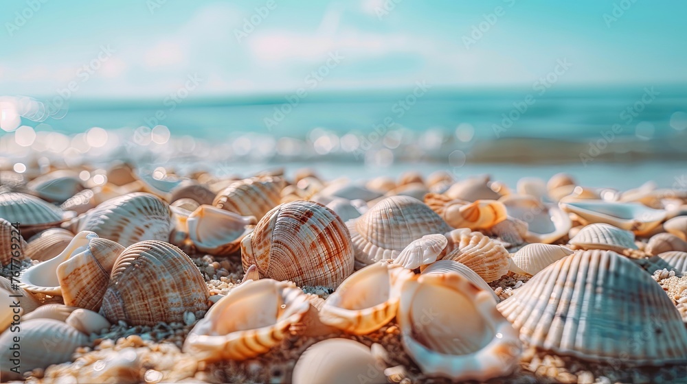 Vacation summer holiday travel tropical ocean sea panorama landscape - Close up of many seashells, sea shell on the sandy beach, with ocean in the background Mental Health Practice. - obrazy, fototapety, plakaty 