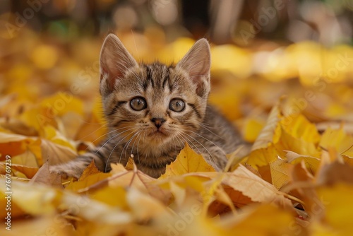 kitten playing in yellow autumn leaves, Generative AI