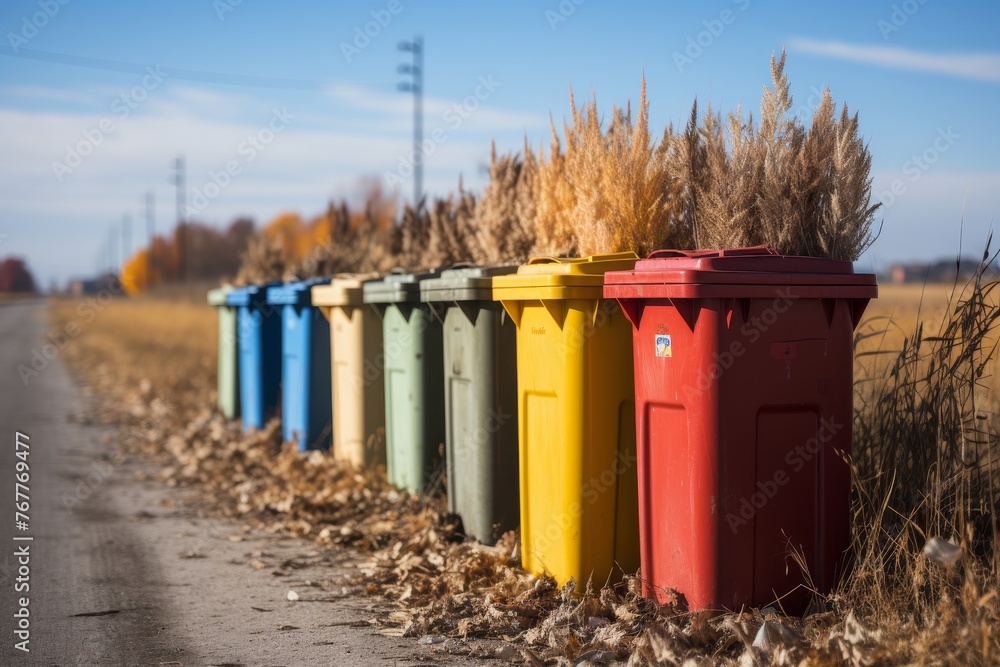 Capture an image of a row of colorful recycle bins on the street, emphasizing the concept of garbage separationThe photo should have a selective focus and be taken in a public park or city setting. Capture an image of a row of colorful recycle bins on the street, emphasizing the concept of garbage separationThe photo should have a selective focus and be taken in a public park or city setting.