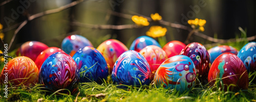 Painted eggs in green grass. Colorful Easter eggs in row.