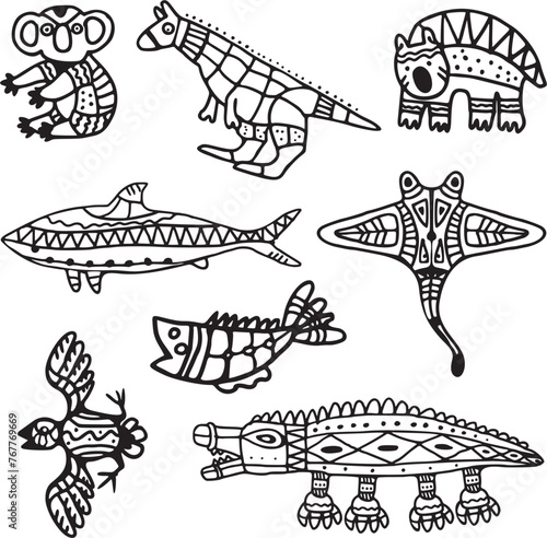 Canvas Print Vector tribal animals set in Australian aboriginal style.