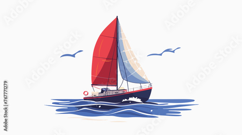 Illustration of sailing boat and sea Flat vector 
