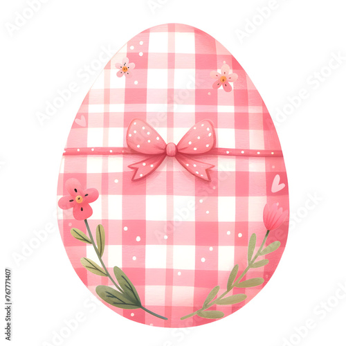 Cute easter egg with gingham pattern watercolor clipart with transparent background