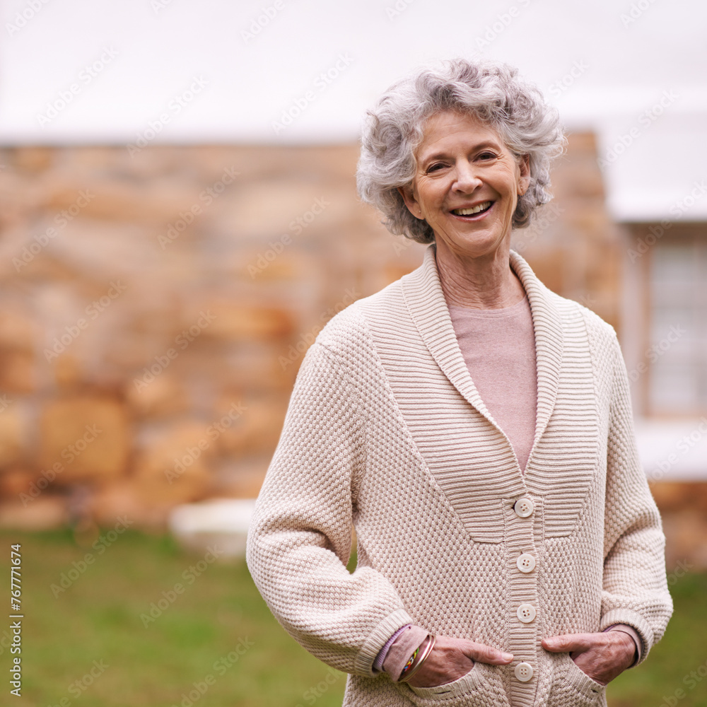 Senior woman, happy and face with mockup in garden, backyard and terrace or patio in autumn. Elderly female person, mature lady and pensioner with smile for retirement at home, outdoor and in nature Senior woman, happy and face with mockup in garden, backyard and terrace or patio in autumn. Elderly female person, mature lady and pensioner with smile for retirement at home, outdoor and in nature