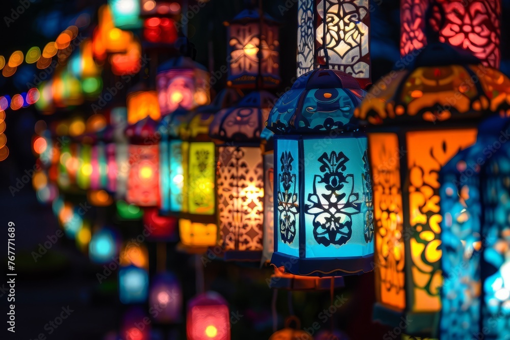 A multitude of brightly colored lanterns are lit up in the darkness, creating a vibrant and lively atmosphere