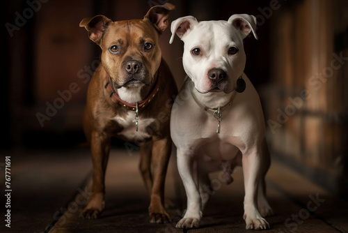 Two dogs standing next to each other, one brown and one white