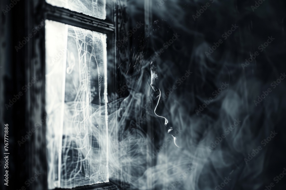 Smoke billows from a window in a dark room, creating a mysterious and ominous atmosphere - obrazy, fototapety, plakaty 