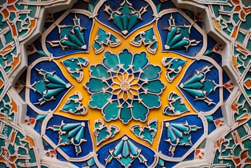 Detailed view of intricate Islamic tile design featuring vibrant colors and geometric patterns