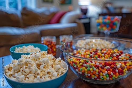 A table covered with bowls filled with candy corn, perfect for a movie night snack display