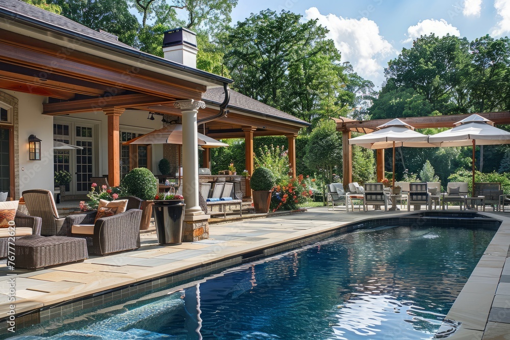 A backyard with a pool and various pieces of patio furniture, including chairs, tables, and umbrellas, on a sunny day