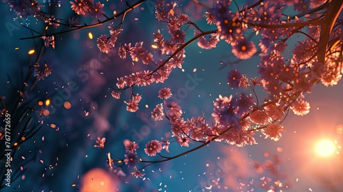 anime style - sakura tree branches in the moonlight glow, golden leaves flowing around, perspective, unfocus 