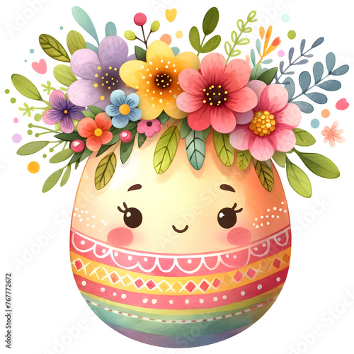 Cute floral easter egg watercolor clipart with transparent background