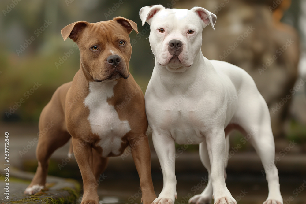 Two dogs, one brown and one white, stand next to each other