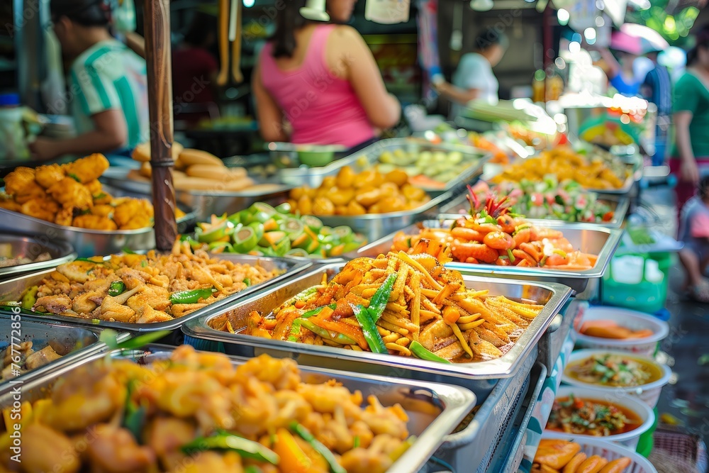 Several trays of food neatly arranged on a table at a street food market