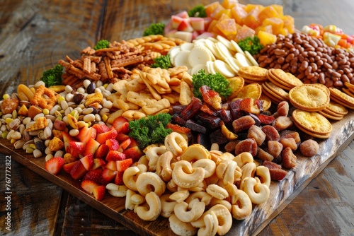 Various nuts and dried fruits arranged on a wooden cutting board